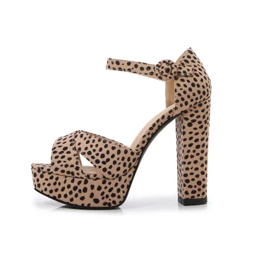 Fashion Brown Leopard Print Evening Party Womens Sandals 2022 12 Cm Thick Heels Ankle Strap Open Peep Toe Sandals High Heels