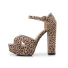Fashion Brown Leopard Print Evening Party Womens Sandals 2022 12 cm Thick Heels Ankle Strap Open / Peep Toe Sandals High Heels