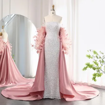 Sexy Silver Sequins Feather Prom Dresses 2025 Trumpet Mermaid Strapless Sleeveless Backless Court Train Formal Dresses