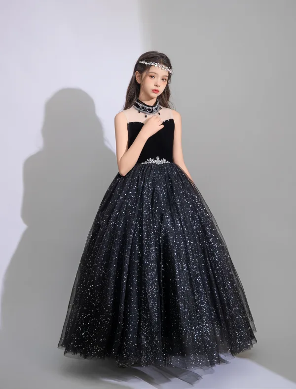Bling Bling Schwarz Strass Pailletten Geburtstag Blumenmädchenkleider Ballkleid 2025 Rundhalsausschnitt Ärmellos Rückenfreies Lange
