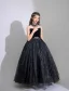 Bling Bling Schwarz Strass Pailletten Geburtstag Blumenmädchenkleider Ballkleid 2025 Rundhalsausschnitt Ärmellos Rückenfreies Lange