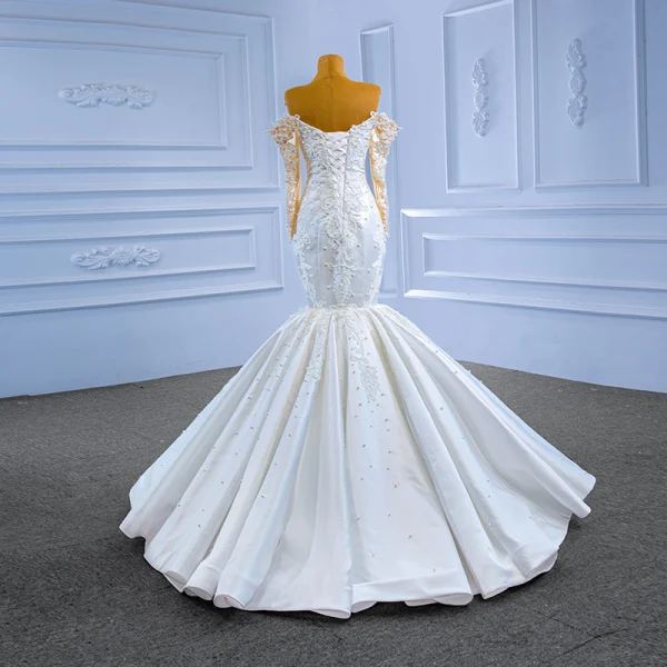High-end White Pearl Lace Flower Wedding Dresses 2022 Ball Gown Off-The-Shoulder Long Sleeve Backless Floor-Length / Long Wedding