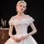 Modest / Simple Ivory Ruffle Short Sleeve Wedding Dresses 2021 Off-The-Shoulder Crossed Straps Chapel Train Church Satin Ball Gown