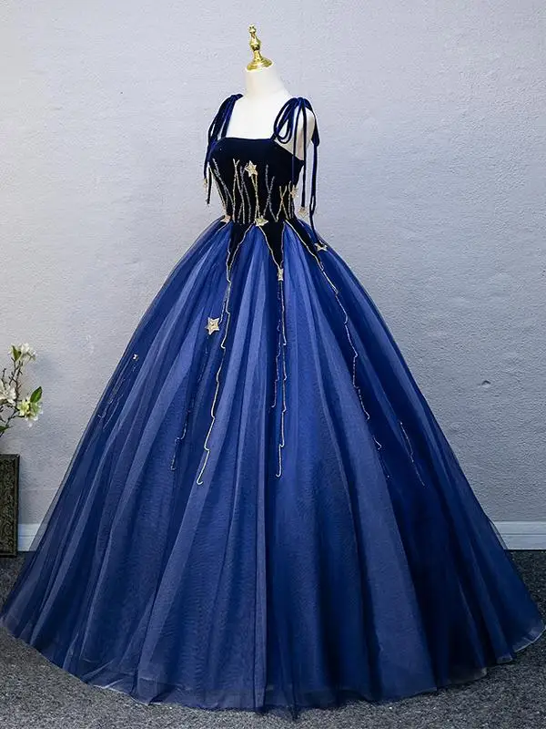 Élégant Bleu Roi Étoile Paillettes Robe De Bal 2025 Robe Boule Bretelles Spaghetti Sans Manches Dos Nu Longue Promo Robe De Ceremonie