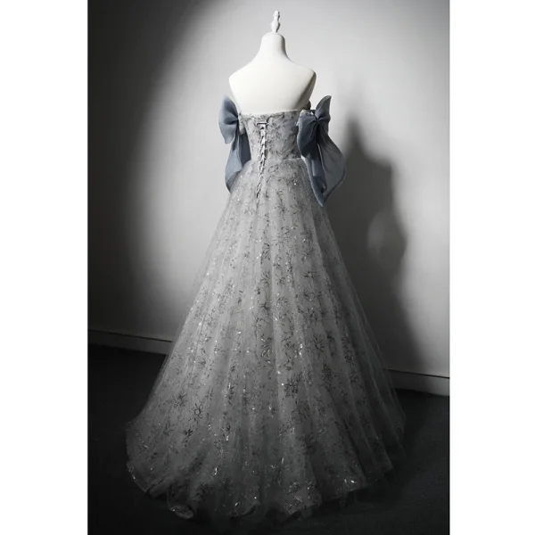 Charmant Gris Glitter Paillettes Robe De Bal 2024 Princesse Bustier Noeud Sans Manches Dos Nu Longue Robe De Ceremonie