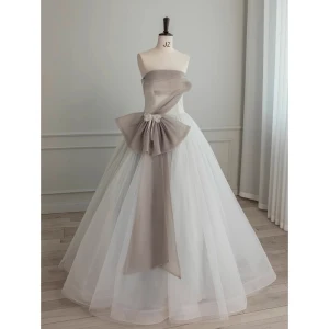Chic Beautiful Grey Pearl Sequins Bow Prom Dresses 2023 Ball Gown Strapless Sleeveless Backless Floor Length Long Prom Formal Dresses