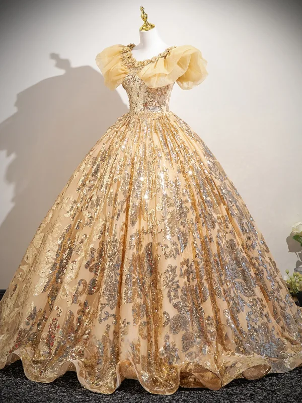Scintillantes Champagne Perlage Paillettes En Dentelle Fleur Robe De Bal 2025 Robe Boule Encolure Dégagée Sans Manches Dos Nu Longue Promo Robe De Ceremonie