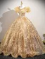 Scintillantes Champagne Perlage Paillettes En Dentelle Fleur Robe De Bal 2025 Robe Boule Encolure Dégagée Sans Manches Dos Nu Longue Promo Robe De Ceremonie