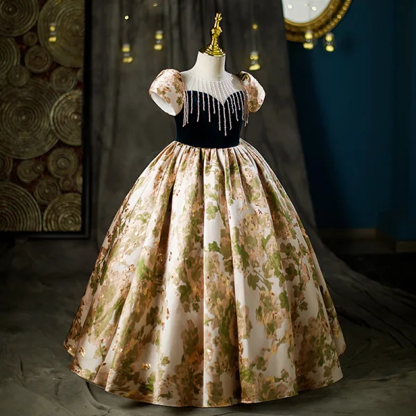 Élégant Noire Impression Anniversaire Robe Ceremonie Fille 2022 Robe Boule Encolure Dégagée Perlage Gland Gonflée Manches Courtes Dos Nu Longue Robe Ceremonie Fille