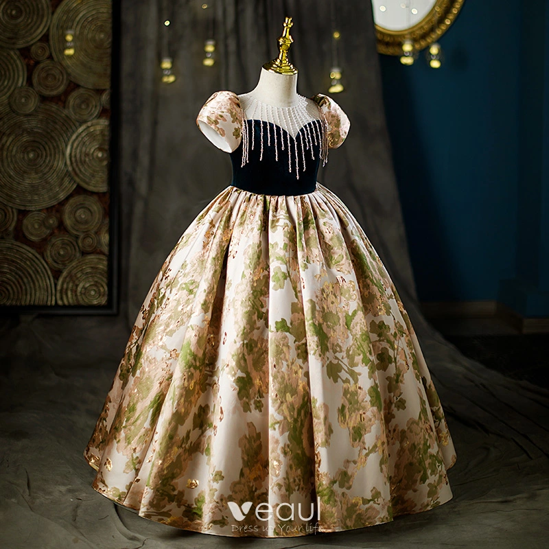 black and gold flower girl dresses Princess Black Lace Tulle Short Sleeves Wedding Flower Girl Dress, Seq