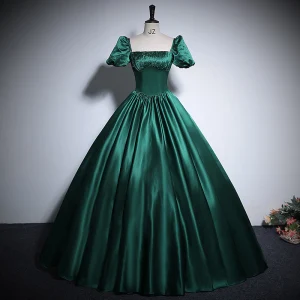 Vintage Retro Dark Green Satin Prom Dresses 2024 Ball Gown Square Neckline Short Sleeve Backless Bow Floor Length Long Prom Formal Dresses