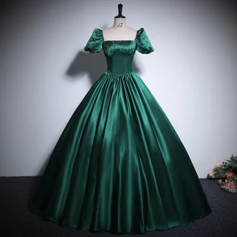 Vintage Originale Vert Foncé Satin Robe De Bal 2024 Robe Boule Encolure Carrée Manches Courtes Dos Nu Noeud Longue Promo Robe De Ceremonie