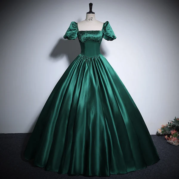 Vintage / Retro Dark Green Satin Prom Dresses 2024 Ball Gown Square Neckline Short Sleeve Backless Bow Floor-Length / Long Prom Formal Dresses