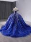 Vintage / Retro High-end Royal Blue Lace Flower Quinceañera Prom Dresses 2024 Ball Gown Off-The-Shoulder Sleeveless Backless Court Train Prom Formal Dresses
