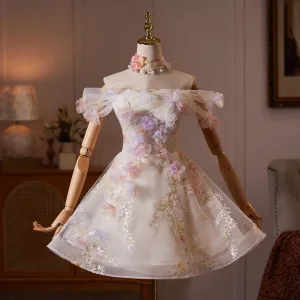 Enchantant Champagne Appliques Perlage Courte Robe De Bal 2026 Robe Boule De L Épaule Manches Courtes Dos Nu Tulle Robe De Ceremonie