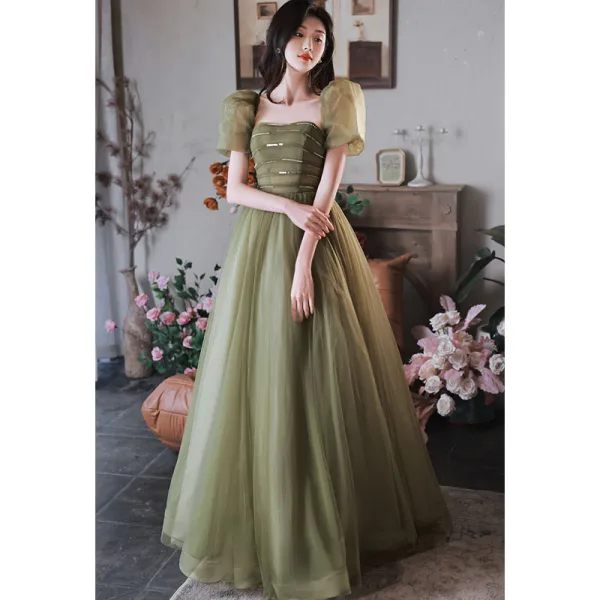 Modest / Simple Sage Green Prom Dresses A-Line / Princess 2022 Square  Neckline Sequins Puffy Short Sleeve