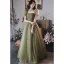 Modest / Simple Sage Green Prom Dresses A-Line / Princess 2022 Square Neckline Sequins Puffy Short Sleeve Backless Floor-Length / Long Formal Dresses