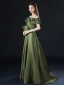 Vintage / Originale Olive Verte De l'épaule Robe De Bal 2021 Princesse Bretelles croisées Volants Manches Courtes Couleur Unie Satin Train De Balayage Robe De Soirée