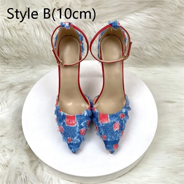 Fashion Red Denim Evening Party Womens Shoes 2024 Ankle Strap 12 cm Stiletto Heels Pointed Toe High Heels