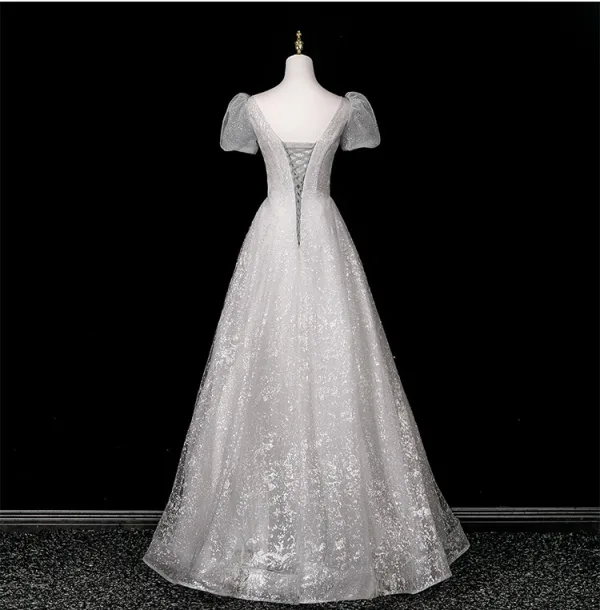 Bling Bling Gris Paillettes Faux Diamant Robe De Bal 2025 Princesse V-Cou Manches Courtes Dos Nu Longue Robe De Ceremonie