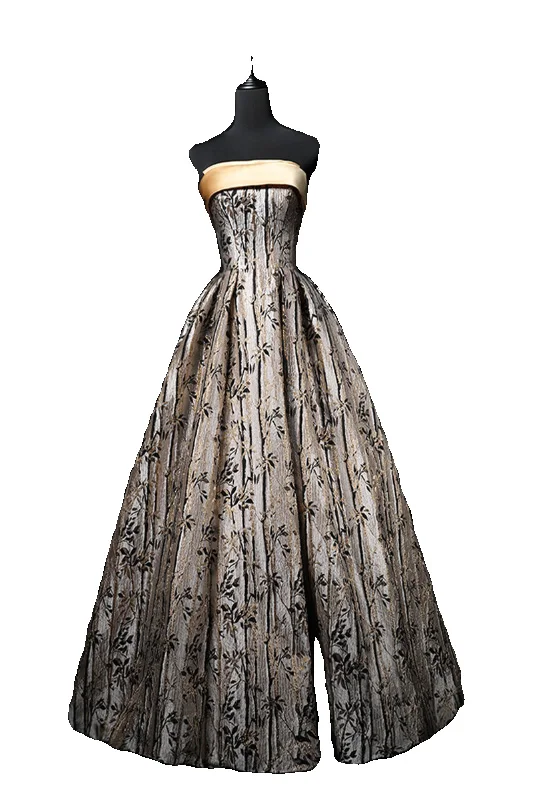Charming Champagne Gold Printing Prom Dresses 2024 A-Line / Princess Strapless Sleeveless Backless Floor-Length / Long Prom Formal Dresses