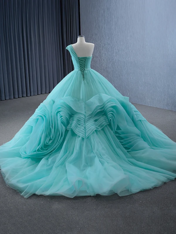 High-end Mint Green Cascading Ruffles Prom Dresses 2024 Ball Gown One-Shoulder Sleeveless Backless Court Train Prom Formal Dresses