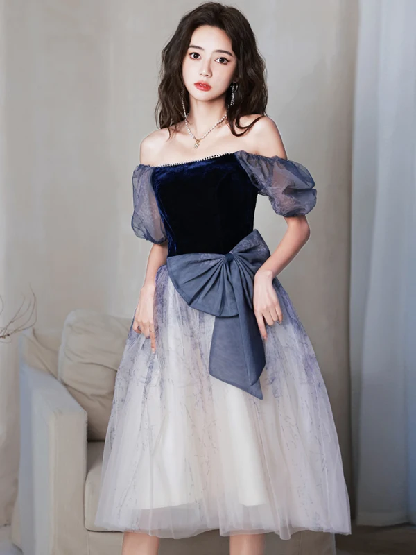Chic / Beautiful Navy Blue Prom Dresses 2022 A-Line / Princess Pearl Square Neckline Short Sleeve Backless Bow Floor-Length / Long Formal Dresses