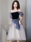 Chic / Beautiful Navy Blue Prom Dresses 2022 A-Line / Princess Pearl Square Neckline Short Sleeve Backless Bow Floor-Length / Long Formal Dresses
