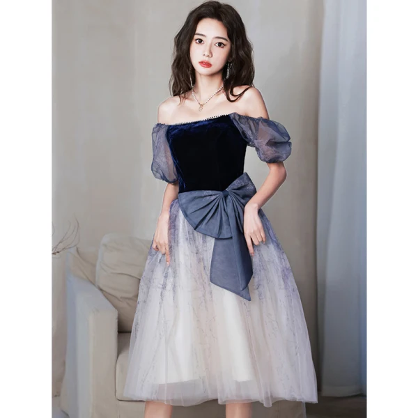 Chic / Beautiful Ocean Blue Prom Dresses 2022 A-Line / Princess Rhinestone Square Neckline Short Sleeve Backless Bow Knee-Length Formal Dresses