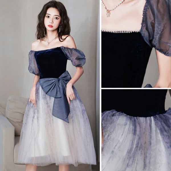 Chic / Belle Océan Bleu Robe De Bal 2022 Princesse Faux Diamant Encolure Carrée Manches Courtes Dos Nu Noeud Mi-Longues Robe De Ceremonie