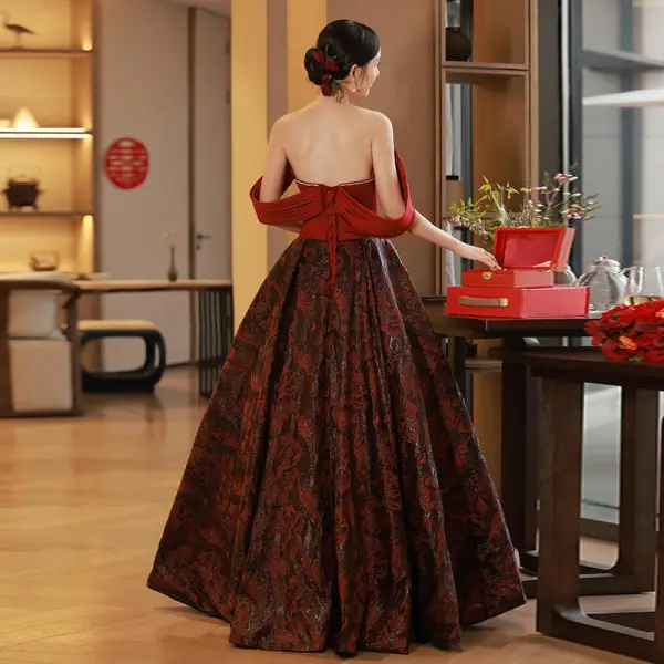 Vintage / Retro Burgundy Prom Dresses 2023 A-Line / Princess Off-The-Shoulder Sleeveless Backless Floor-Length / Long Prom Formal Dresses