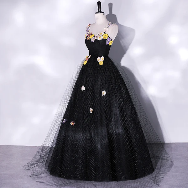 Classic Black Lace Flower Prom Dresses 2022 A-Line / Princess Spaghetti Straps Sleeveless Backless Floor-Length / Long Prom Formal Dresses