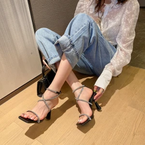 Sexy Black Rhinestone X Strap Evening Party Womens Sandals 2022 8 Cm Stiletto Heels Open Peep Toe Sandals High Heels