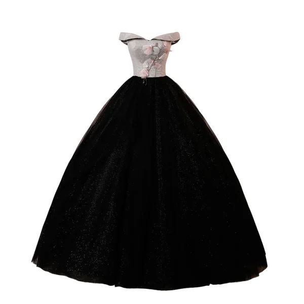 Elegant Black Glitter Prom Dresses 2023 Ball Gown Off-The-Shoulder Sleeveless Backless Floor-Length / Long Prom Formal Dresses