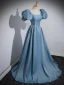 Elegant Pool Blue Satin Prom Dresses 2023 Ball Gown Square Neckline Puffy Short Sleeve Backless Floor-Length / Long Prom Formal Dresses