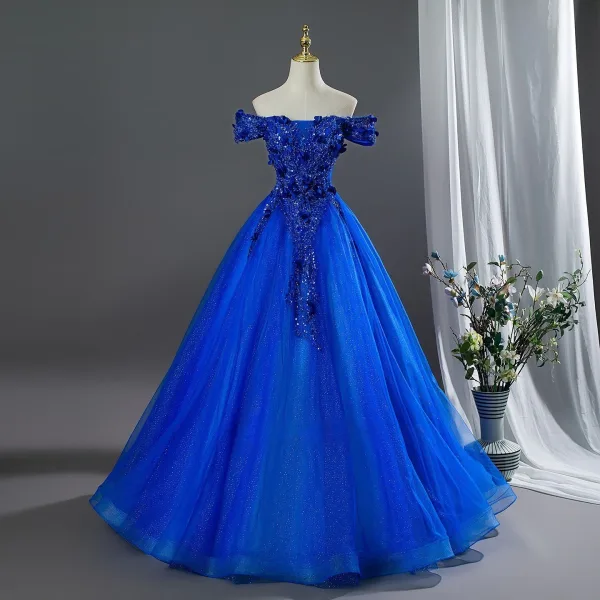 Vintage Königliches Blau Perlenstickerei Applikationen Ballkleider 2026 Ballkleid Off Shoulder Kurze Ärmel Rückenfreies Lange Festliche Kleider