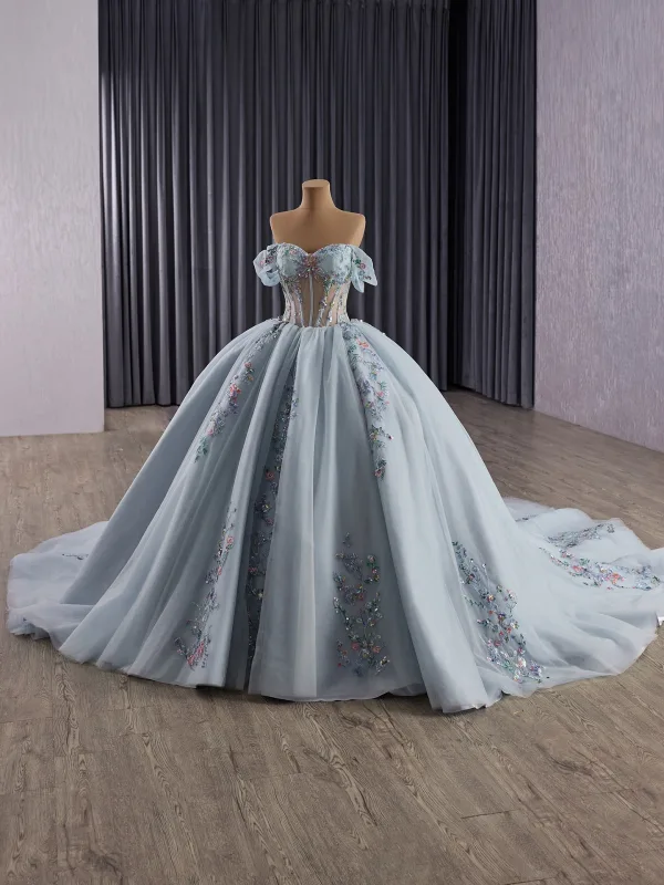 High-end Sky Blue Sequins Lace Flower Prom Dresses 2025 Ball Gown Off-The-Shoulder Short Sleeve Backless Court Train Formal Dresses