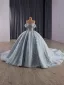High-end Sky Blue Sequins Lace Flower Prom Dresses 2025 Ball Gown Off-The-Shoulder Short Sleeve Backless Court Train Formal Dresses
