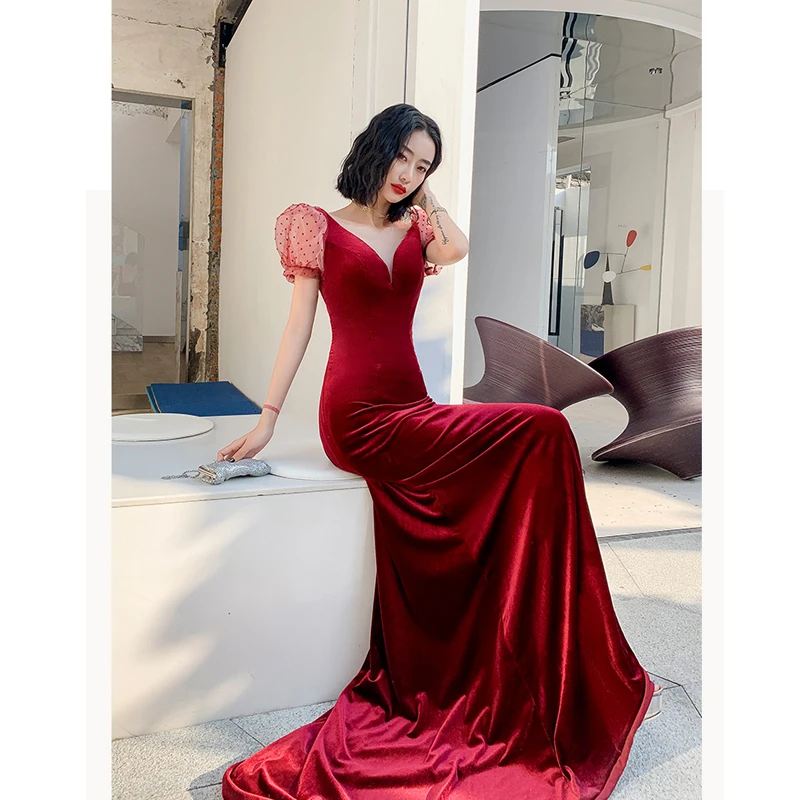 elegant velvet evening dresses Plus Elegant Sweetheart Neck Contrast Sequin Mermaid Hem Velvet Eveni Burgundy / 3XL main image 1