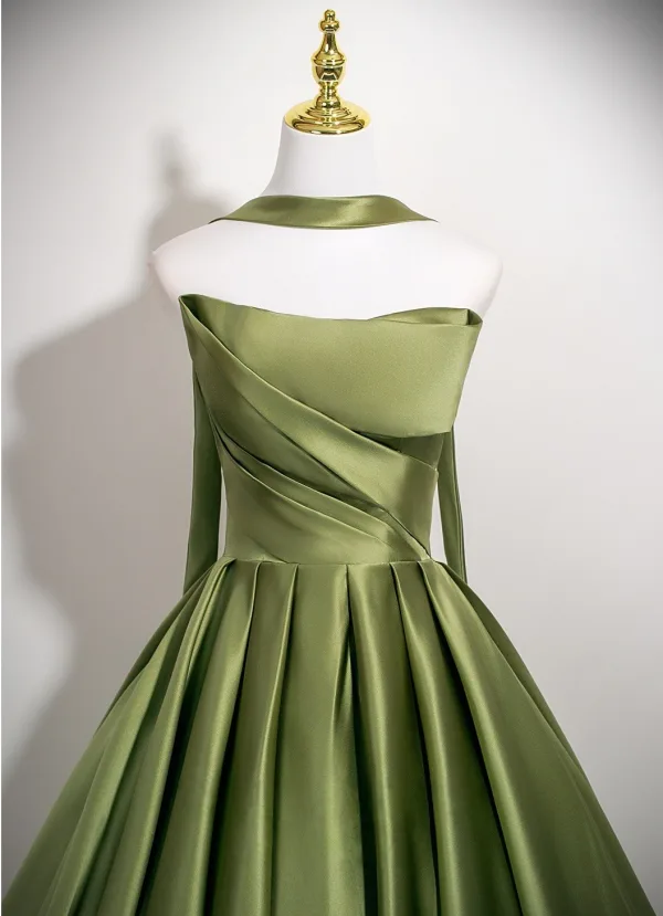 Fashion Sage Green Satin Prom Dresses 2025 Ball Gown Strapless Sleeveless Backless Floor-Length / Long Formal Dresses