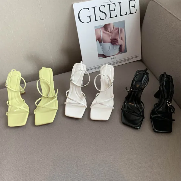 Sexy Yellow Summer Street Wear Womens Sandals 2022 Ankle Strap 8 cm Stiletto Heels Open / Peep Toe Sandals High Heels