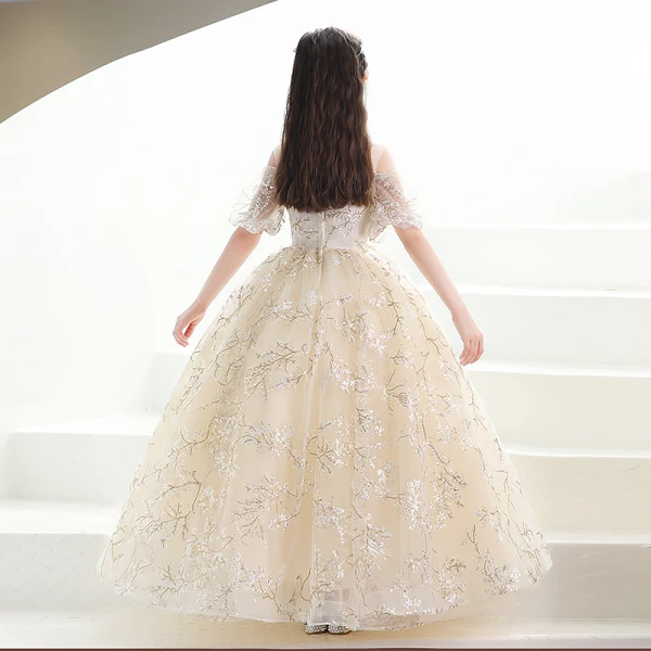 Fashion Champagne Lace Flower Sequins Birthday Flower Girl Dresses 2022 Ball Gown High Neck Short Sleeve Backless Floor-Length / Long Flower Girl Dresses