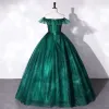 Chic / Beautiful Green Prom Dresses 2022 Ball Gown Off-The-Shoulder Sleeveless Backless Beading Lace Flower Floor-Length / Long Formal Dresses