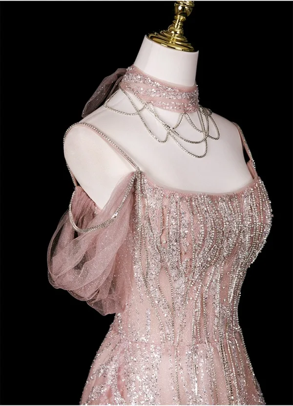 Sexy Glitzernden Rosa Perlenstickerei Strass Pailletten Abendkleider 2025 A Linie Stehkragen Kurze Ärmel Rückenfreies Lange Festliche Kleider