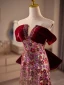 Sparkly Burgundy Sequins Flower Prom Dresses 2024 A-Line / Princess Off-The-Shoulder Short Sleeve Backless Bow Floor-Length / Long Prom Formal Dresses