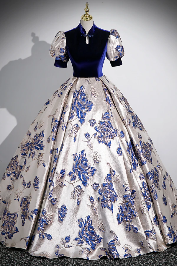 Chinese style Vintage / Retro Navy Blue Printing Prom Dresses 2023 Ball Gown High Neck Short Sleeve Floor-Length / Long Prom Formal Dresses