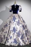 Chinese style Vintage / Retro Navy Blue Printing Prom Dresses 2023 Ball Gown High Neck Short Sleeve Floor-Length / Long Prom Formal Dresses