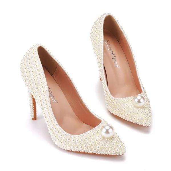 Elegante Weiß Perle Brautschuhe 2022 11 cm Stilettos Spitzschuh Hochzeit Pumps Hochhackige