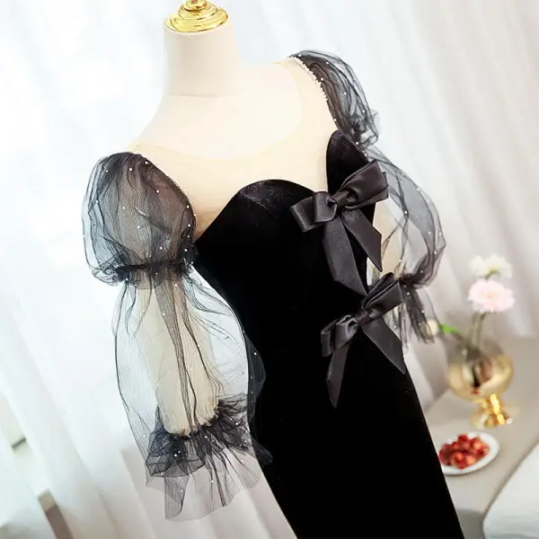 Fashion Black Suede Formal Dresses 2022 Trumpet / Mermaid Scoop Neck Puffy 1/2 Sleeves Backless Bow Sweep Train Prom Evening Dresses