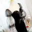 Fashion Black Suede Formal Dresses 2022 Trumpet / Mermaid Scoop Neck Puffy 1/2 Sleeves Backless Bow Sweep Train Prom Evening Dresses